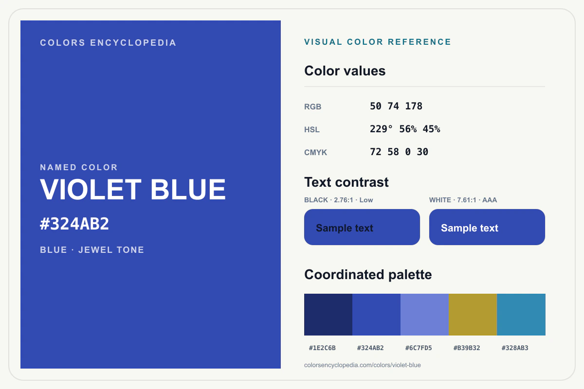 Violet Blue color reference infographic showing #324AB2, RGB and HSL values, a coordinated palette, and black and white text contrast.
