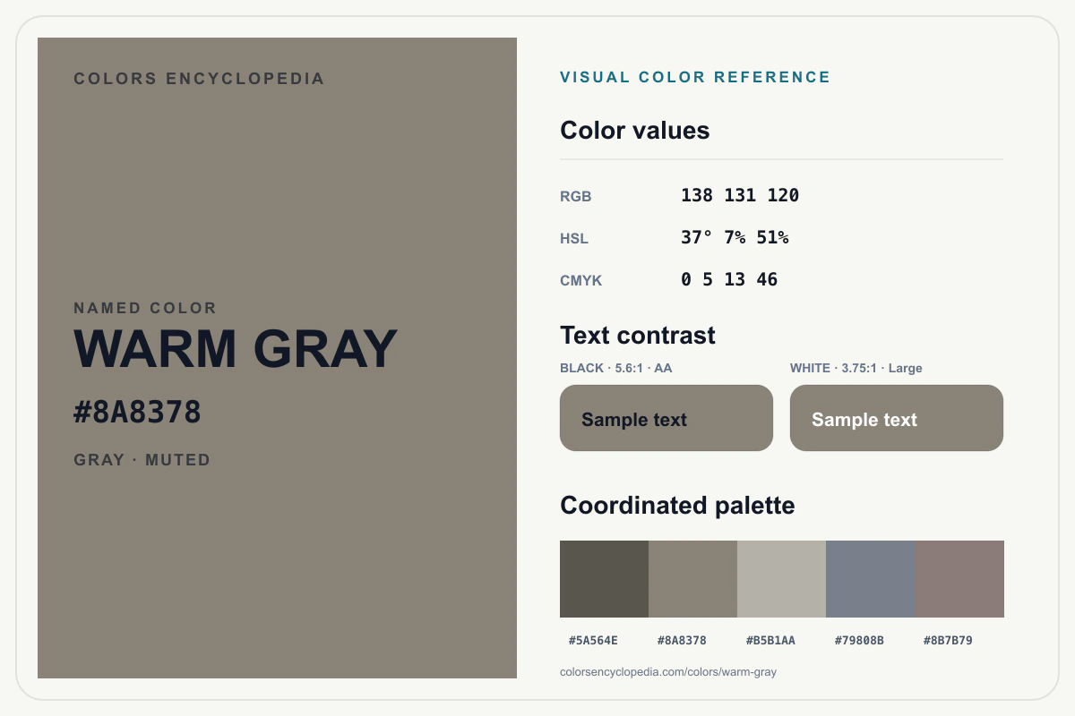 Warm Gray color reference infographic showing #8A8378, RGB and HSL values, a coordinated palette, and black and white text contrast.