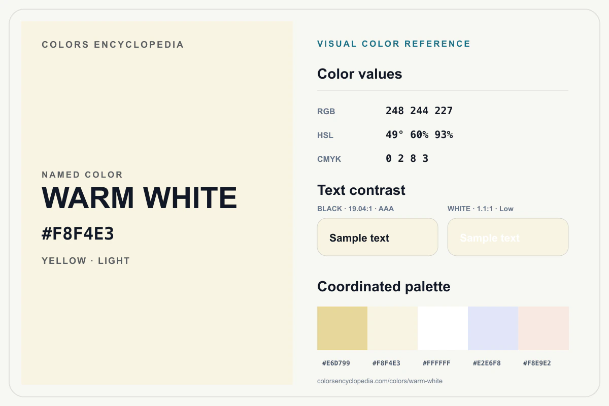 Warm White color reference infographic showing #F8F4E3, RGB and HSL values, a coordinated palette, and black and white text contrast.