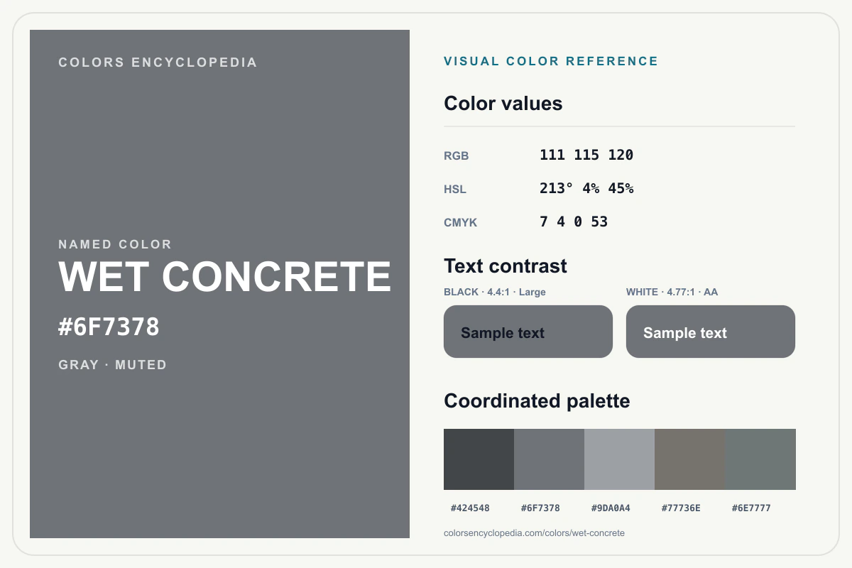 Wet Concrete color reference infographic showing #6F7378, RGB and HSL values, a coordinated palette, and black and white text contrast.