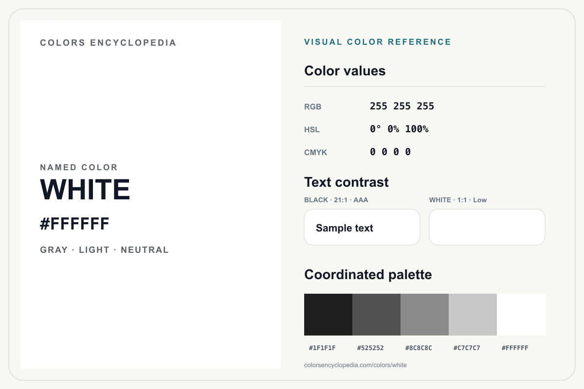 White color reference infographic showing #FFFFFF, RGB and HSL values, a coordinated palette, and black and white text contrast.