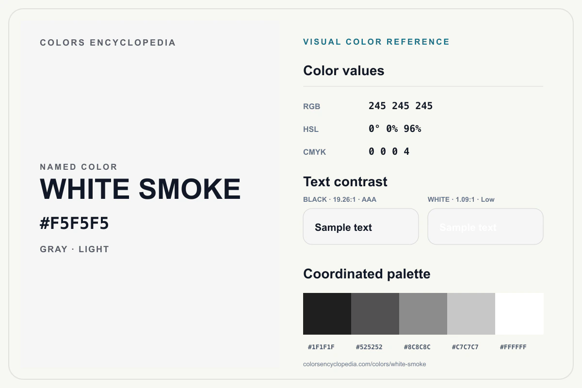 White Smoke color reference infographic showing #F5F5F5, RGB and HSL values, a coordinated palette, and black and white text contrast.
