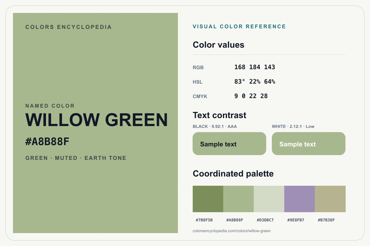 Willow Green color reference infographic showing #A8B88F, RGB and HSL values, a coordinated palette, and black and white text contrast.